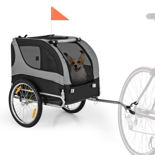 Dog Bike Trailer Foldable Pet Cart with 3 Entrances for Travel-Gray