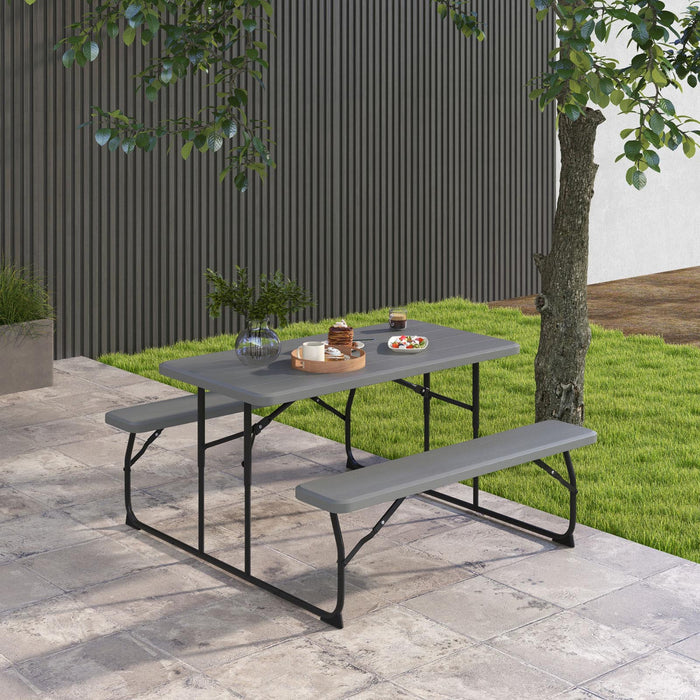 Indoor and Outdoor Folding Picnic Table Bench Set with Wood-like Texture-Gray