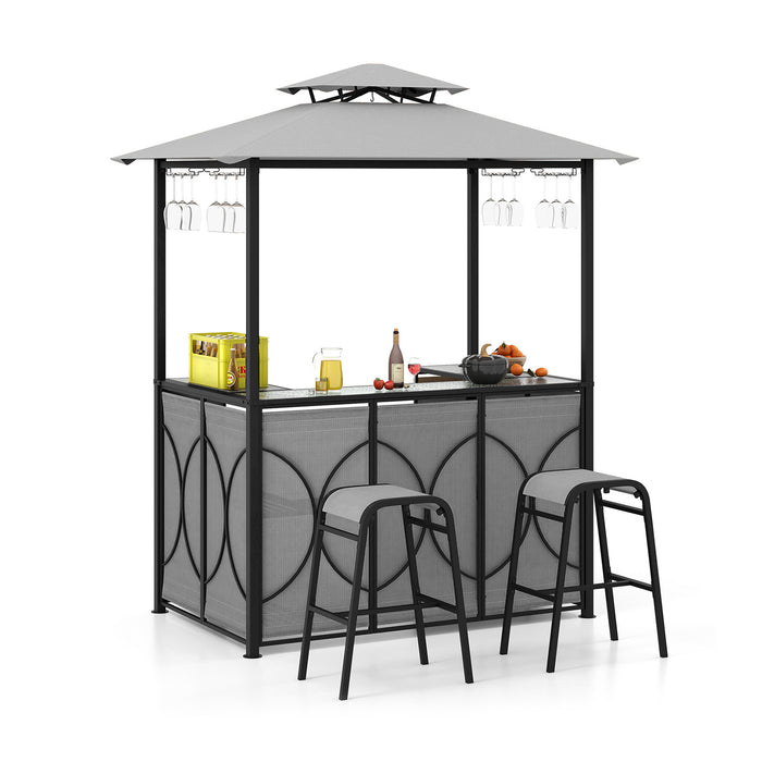 3-Piece Patio Bar Set Grill Gazebo & 2 Bar Stools with Tempered Glass Bar Table-Gray