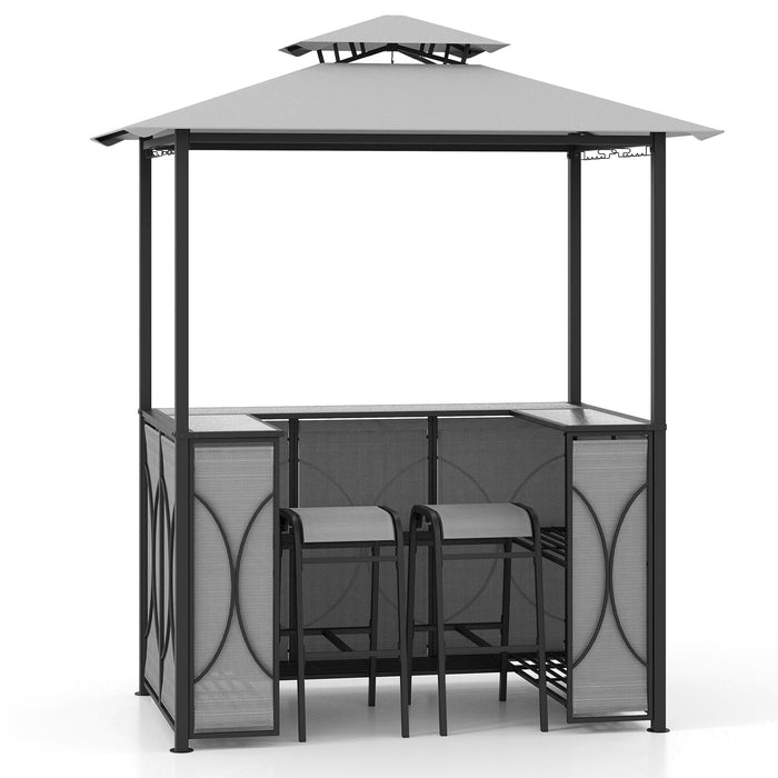 3-Piece Patio Bar Set Grill Gazebo & 2 Bar Stools with Tempered Glass Bar Table-Gray