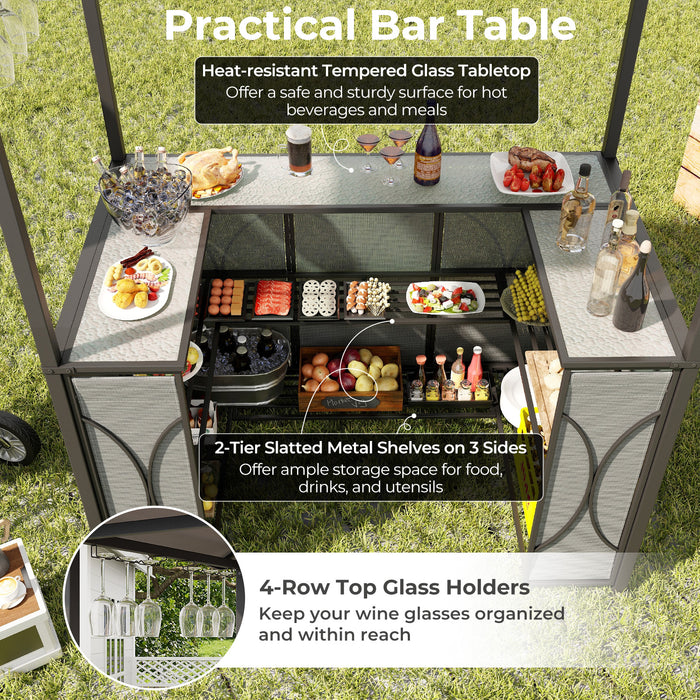 3-Piece Patio Bar Set Grill Gazebo & 2 Bar Stools with Tempered Glass Bar Table-Gray