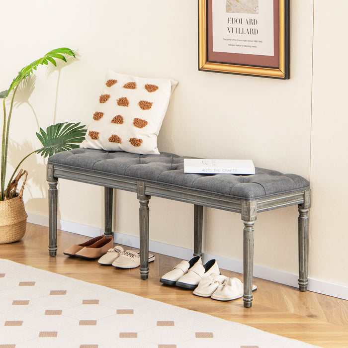 French Vintage Entryway Bench 47 Inch Upholstered Dining Bench-Gray