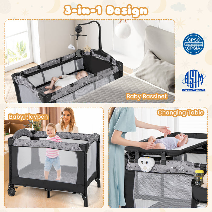 Multi-Functional Baby Playpen with Mattress and Removable Changing Table-Gray