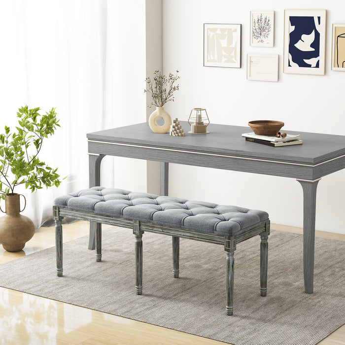 French Vintage Entryway Bench 47 Inch Upholstered Dining Bench-Gray