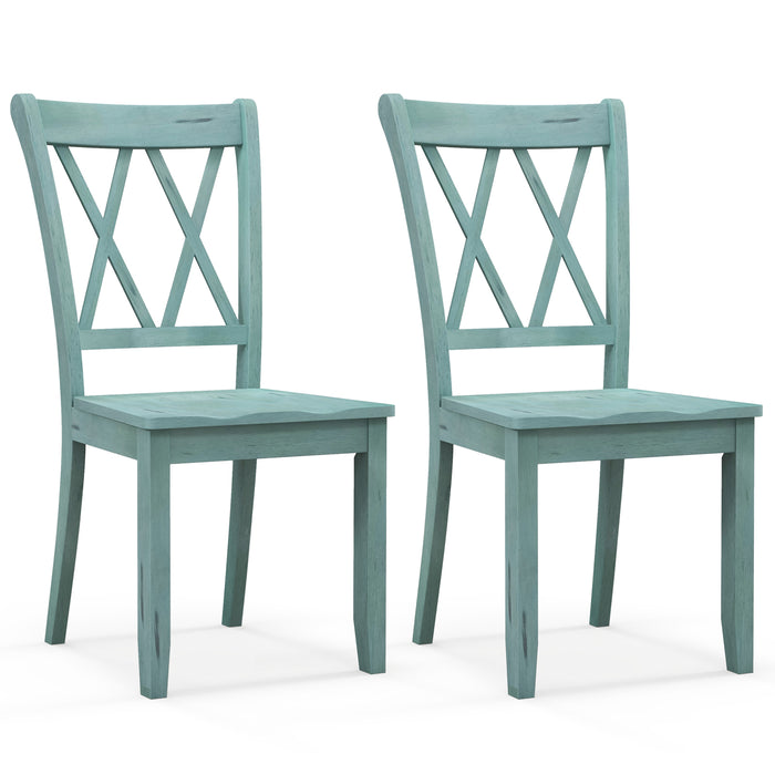 Set of 2 Cross Back Rubber Wood Dining Chairs-Green