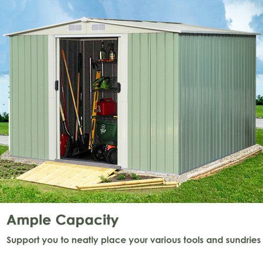 8x8 Feet Outdoor Garden Galvanized Steel Storage Shed with Sliding Door-Light Green