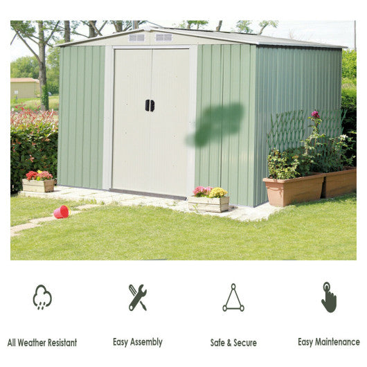 8x8 Feet Outdoor Garden Galvanized Steel Storage Shed with Sliding Door-Light Green