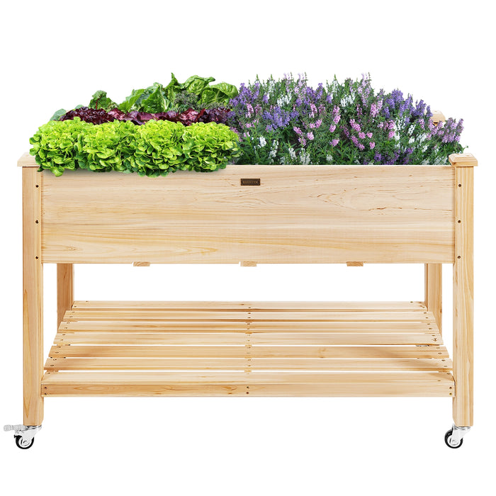 Wood Elevated Planter Bed with Lockable Wheels Shelf and Liner