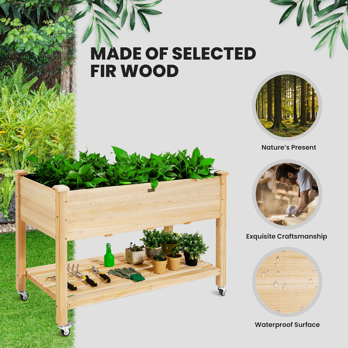 Wood Elevated Planter Bed with Lockable Wheels Shelf and Liner