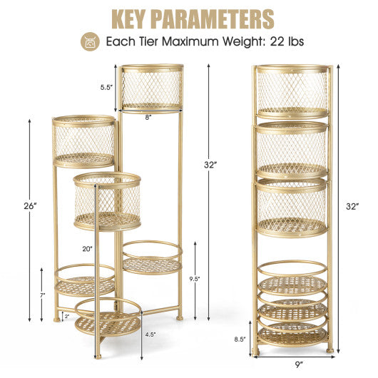 6-Tier Metal Plant Stand with Folding Rotatable Frame for Balcony Garden-Golden