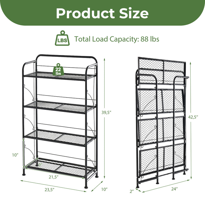 4-Tier Folding Plant Stand with Adjustable Shelf and Feet-Black