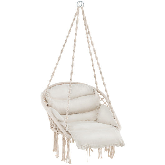 Hammock Chair with Thick Cushion & Macrame Holds up to 330 LBS-Beige