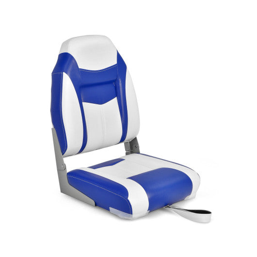 High Back Folding Boat Seat with Blue White Sponge Cushion and Flexible Hinges-Blue