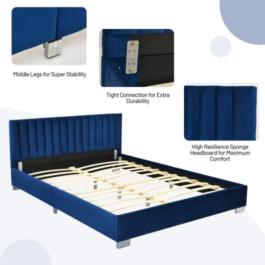 Full Tufted Upholstered Platform Bed Frame with Flannel Headboard-Navy