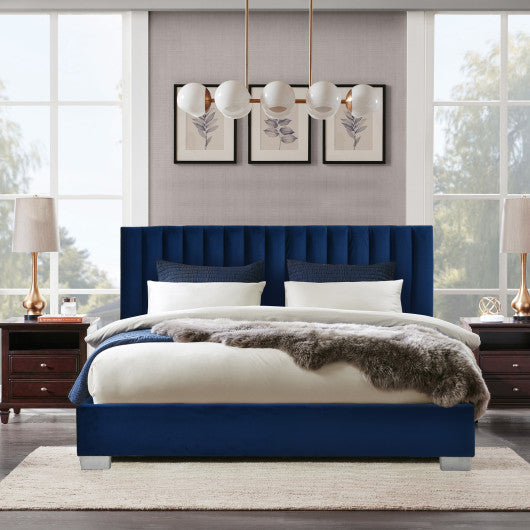 Full Tufted Upholstered Platform Bed Frame with Flannel Headboard-Navy