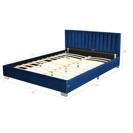 Full Tufted Upholstered Platform Bed Frame with Flannel Headboard-Navy