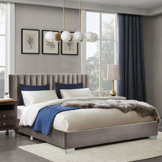 Full Tufted Upholstered Platform Bed Frame with Flannel Headboard-Light Gray