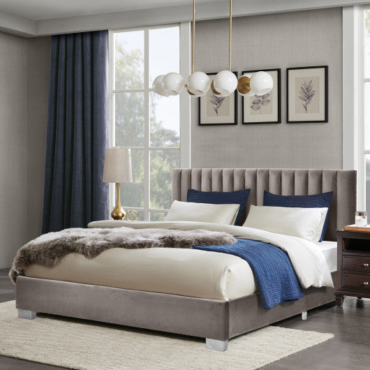 Full Tufted Upholstered Platform Bed Frame with Flannel Headboard-Light Gray