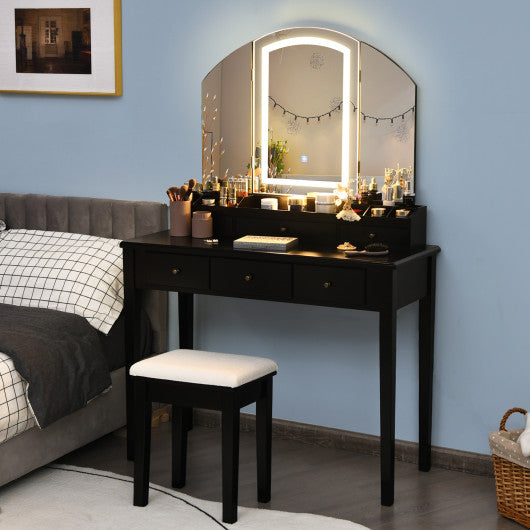 Vanity Table Stool Set with Large Tri-folding Lighted Mirror-Black