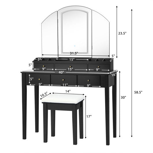 Vanity Table Stool Set with Large Tri-folding Lighted Mirror-Black