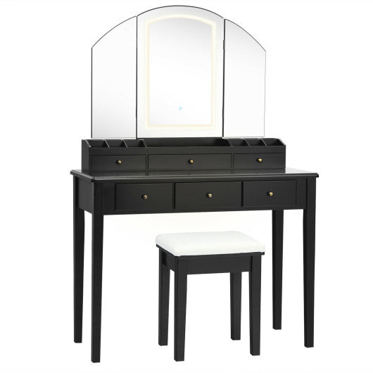 Vanity Table Stool Set with Large Tri-folding Lighted Mirror-Black