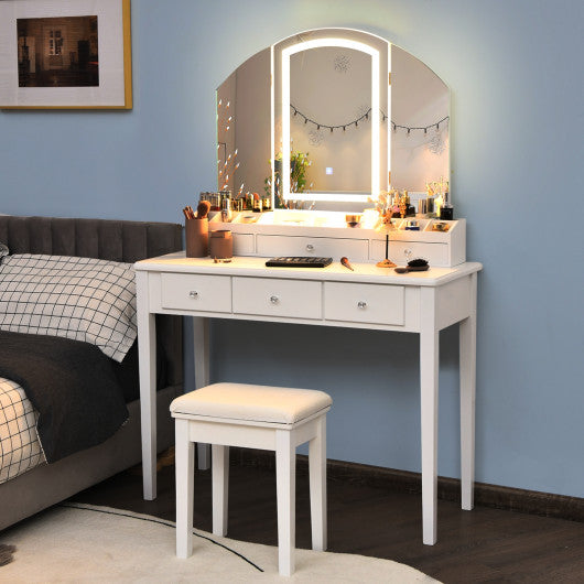 Vanity Table Stool Set with Large Tri-folding Lighted Mirror-White