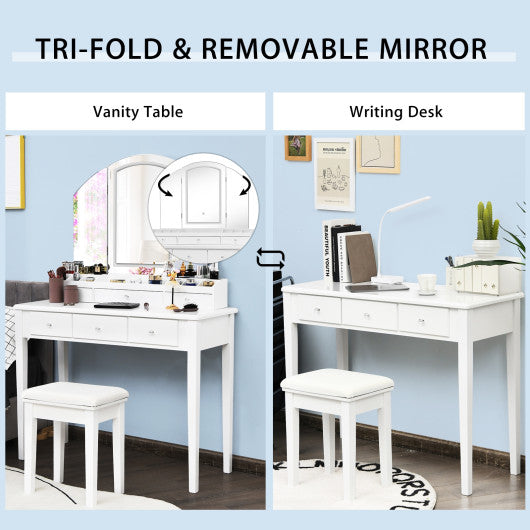 Vanity Table Stool Set with Large Tri-folding Lighted Mirror-White