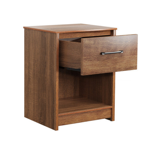 Wooden Nightstand with Drawer and Open Storage Compartment-Brown