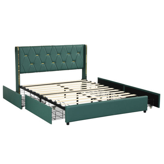 Full/Queen Size Upholstered Bed Frame with 4 Drawers-Green-Full Size