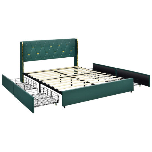 Full/Queen Size Upholstered Bed Frame with 4 Drawers-Green-Queen Size