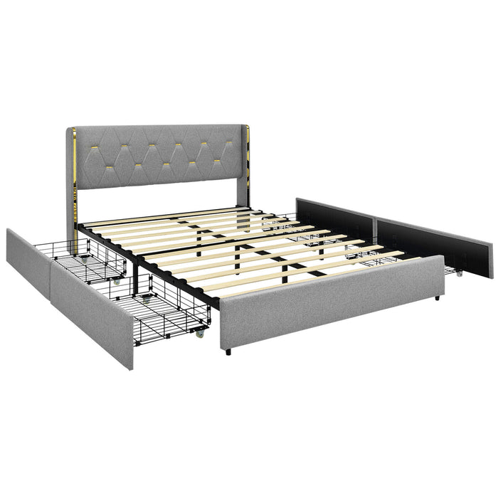 Full/Queen Size Upholstered Bed Frame with 4 Drawers-Silver-Full Size