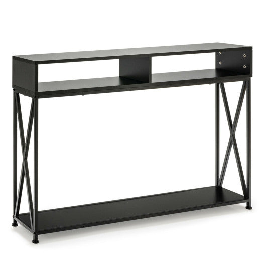 Console Table with Open Shelf and Storage Compartments Steel Frame-Black