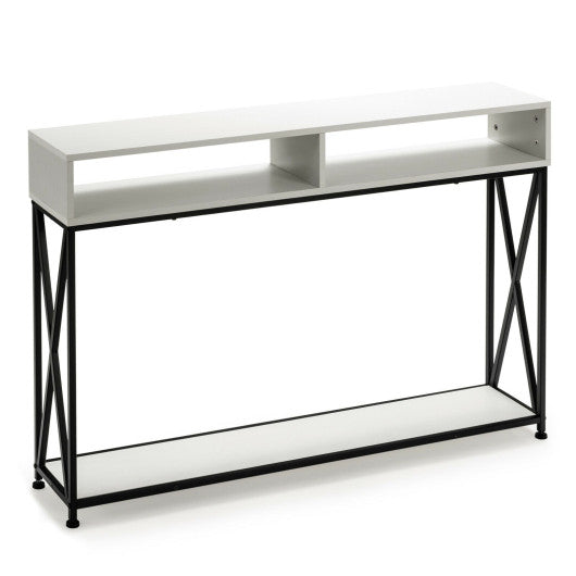 Console Table with Open Shelf and Storage Compartments Steel Frame-White