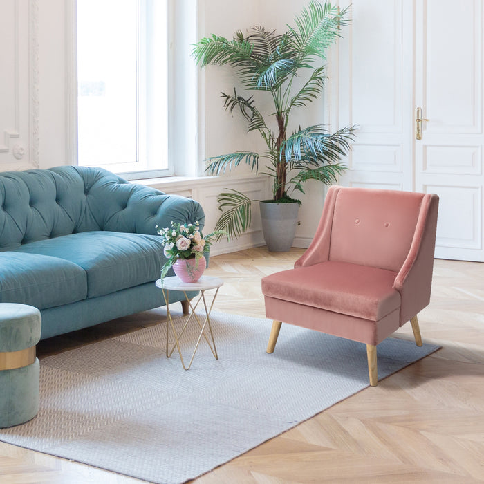 Velvet Wing Back Accent Chair with Rubber Wood Legs and Padded Seat for Living Room-Pink