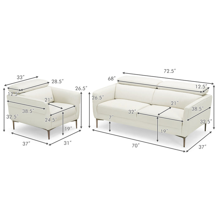 Modern Couched Sofa set with Adjustable Headrest-White