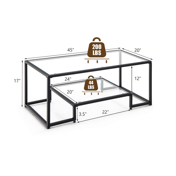 Modern 2-Tier Rectangular Coffee Table with Glass Table Top-Black