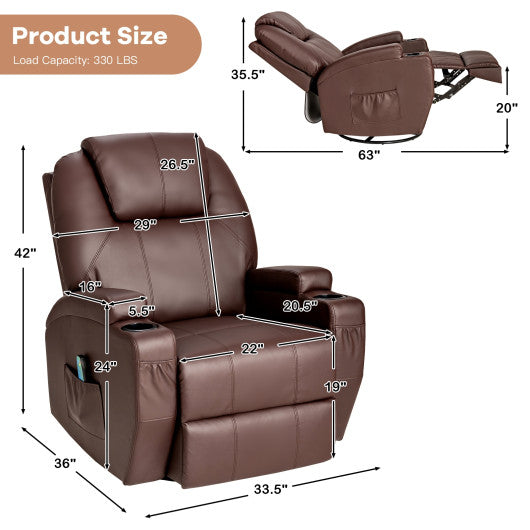 360-Degree Swivel Massage Recliner Chair with Remote Control for Home-Brown