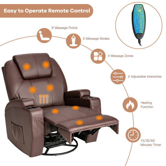 360-Degree Swivel Massage Recliner Chair with Remote Control for Home-Brown