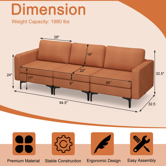 Convertible Leather Sofa Couch with Magazine Pockets 3-Seat with 2 USB Port-Orange