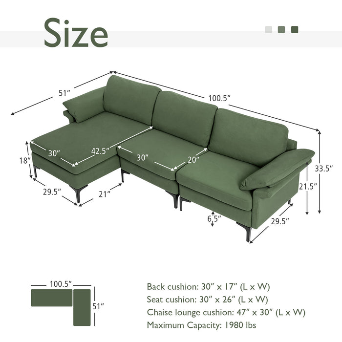 Extra Large Modular L-shaped Sectional Sofa with Reversible Chaise for 4-5 People-Army Green