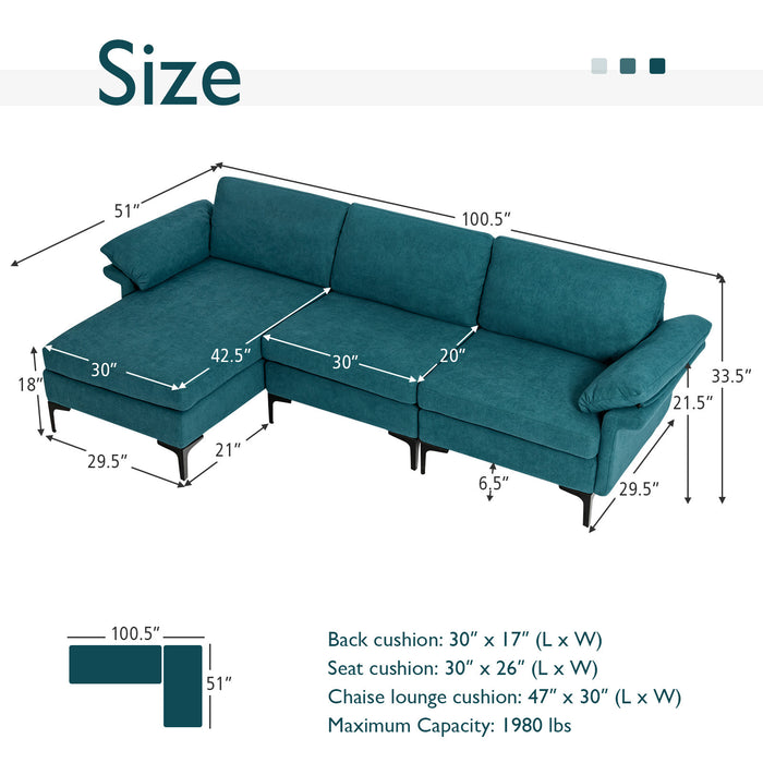 Extra Large Modular L-shaped Sectional Sofa with Reversible Chaise for 4-5 People-Peacock Blue