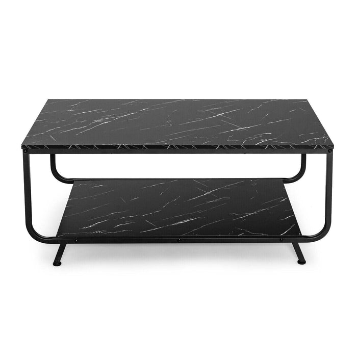 2-Tier Modern Marble Coffee Table with Storage Shelf for Living Room-Black