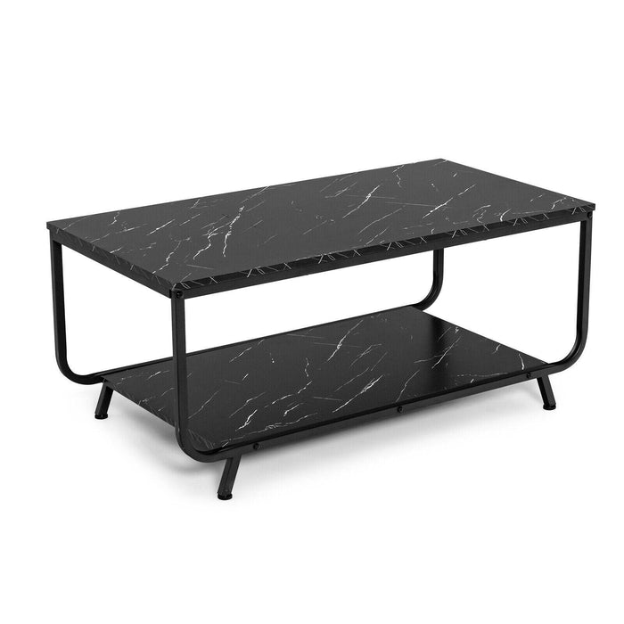 2-Tier Modern Marble Coffee Table with Storage Shelf for Living Room-Black