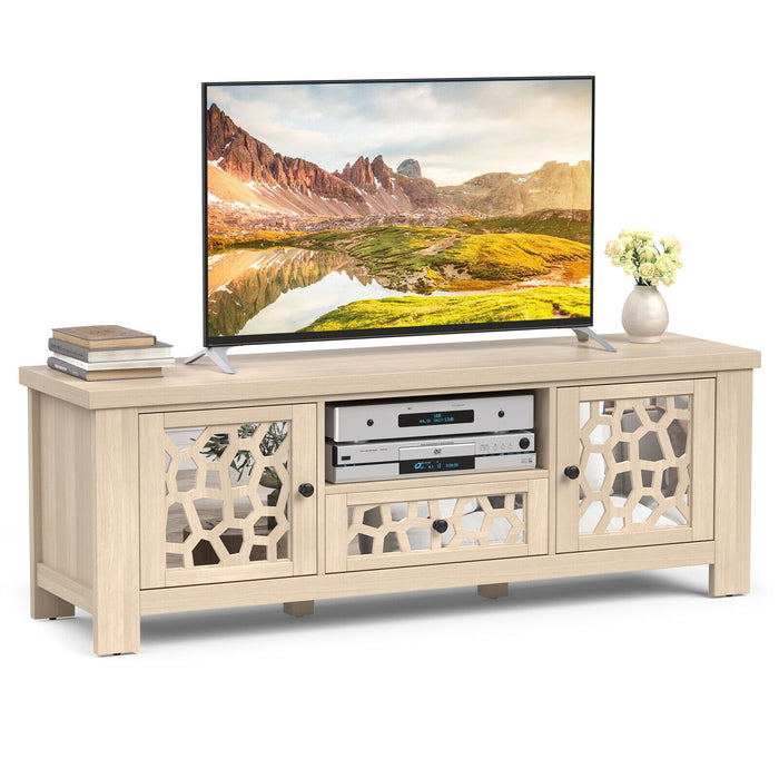 55 Inch Retro TV Stand Media Entertainment Center with Mirror Doors and Drawer-Natural