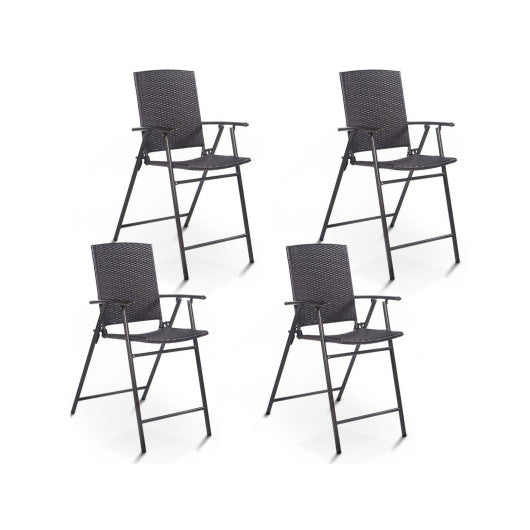 Set of 4 Folding Rattan Bar Chairs with Footrests and Armrests for Outdoors and Indoors