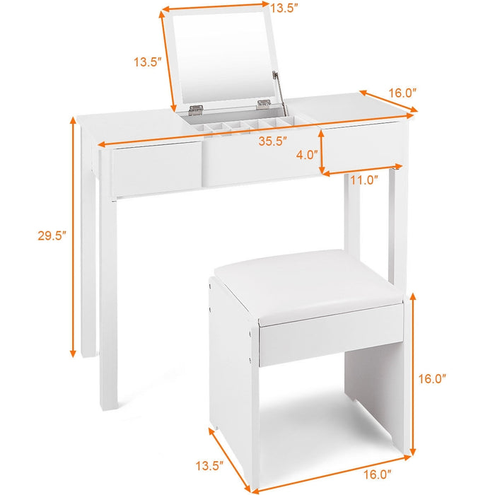 Vanity Makeup Dressing Table Set with Flip Top Mirror and Cushioned Stool-White