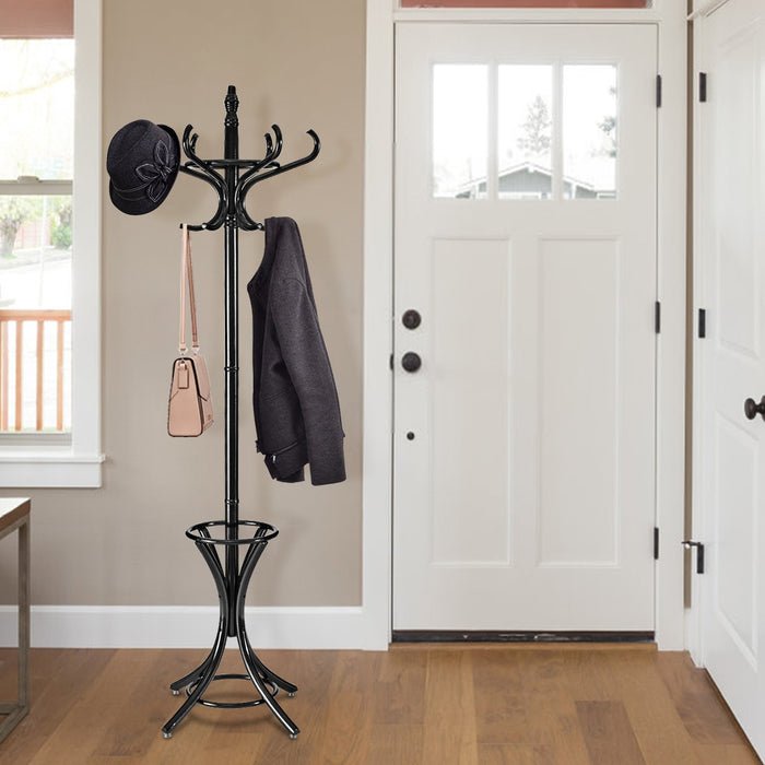 Wood Standing Hat Coat Rack with Umbrella Stand-Black