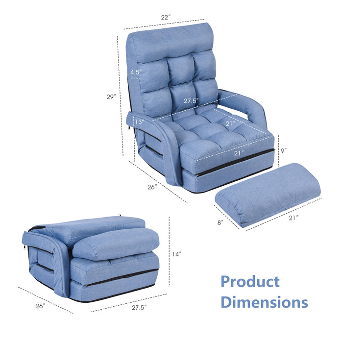 Folding Lazy Floor Chair Sofa with Armrests and Pillow-Blue