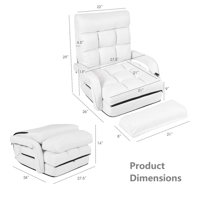 Folding Lazy Floor Chair Sofa with 6 Adjustable Position-White