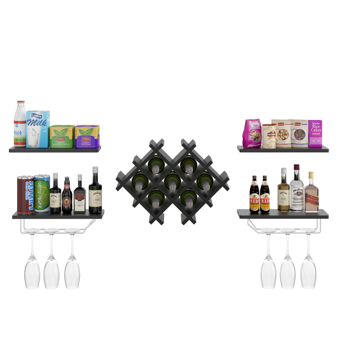 Set of 5 Wall Mount Wine Rack Set with Storage Shelves-Black